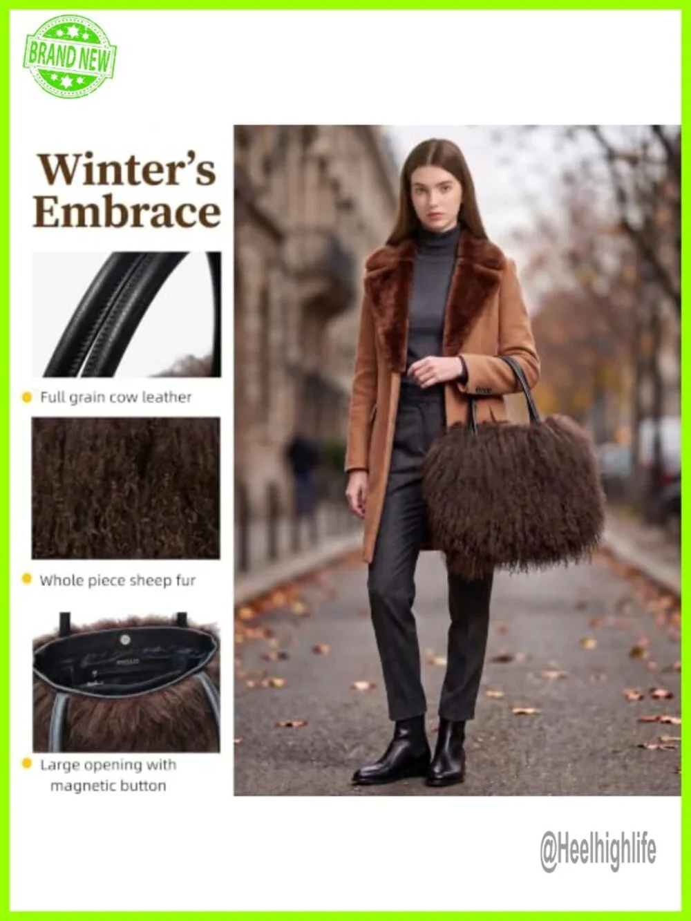 Real Lamb Fur Tote Bag with Genuine Leather Handles and Button Closure